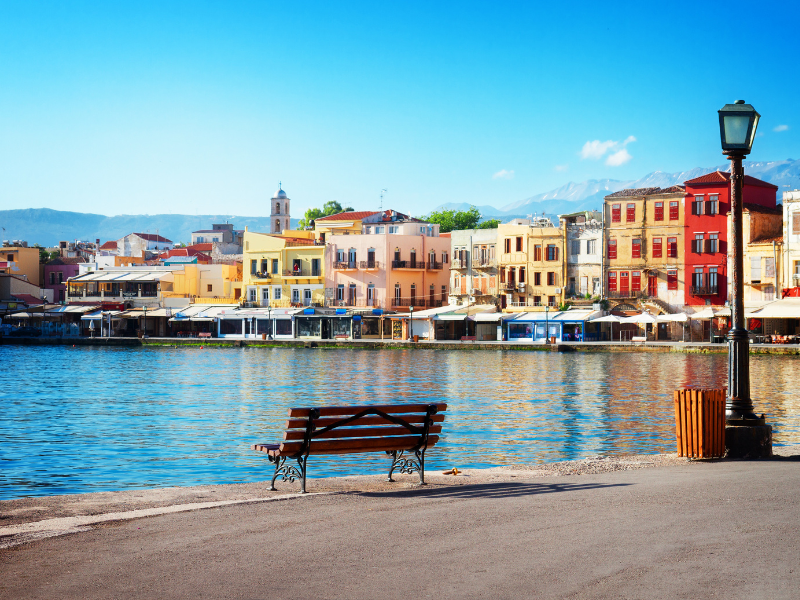 Bench at Venetian Harbor of Chania in Crete, Greece 